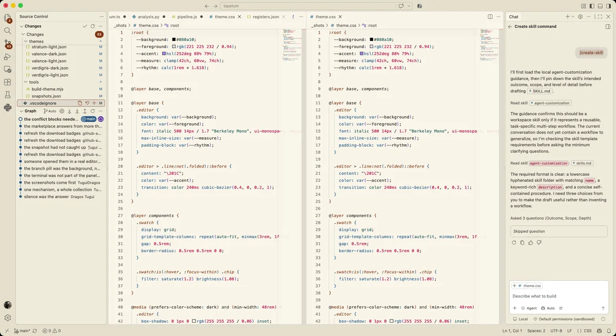 Tapetum Aerogel Light in VS Code, with two editors side by side, the source control view, and the chat