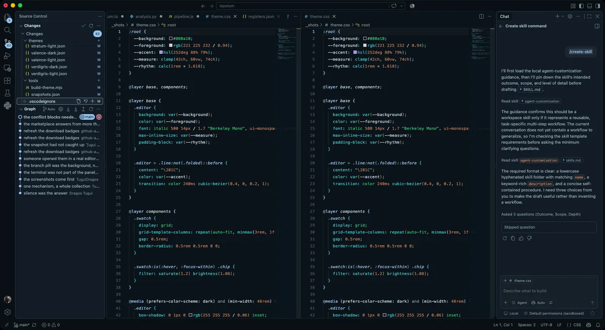 Tapetum Hadal in VS Code, with two editors side by side, the source control view, and the chat