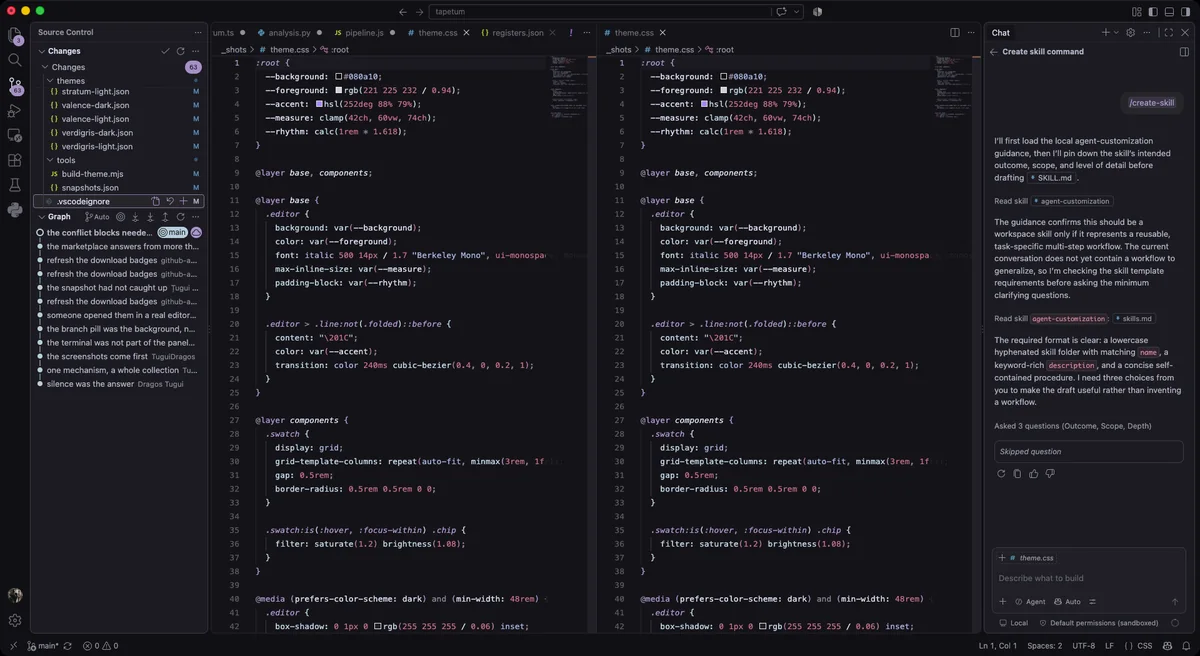 Tapetum Selenium in VS Code, with two editors side by side, the source control view, and the chat